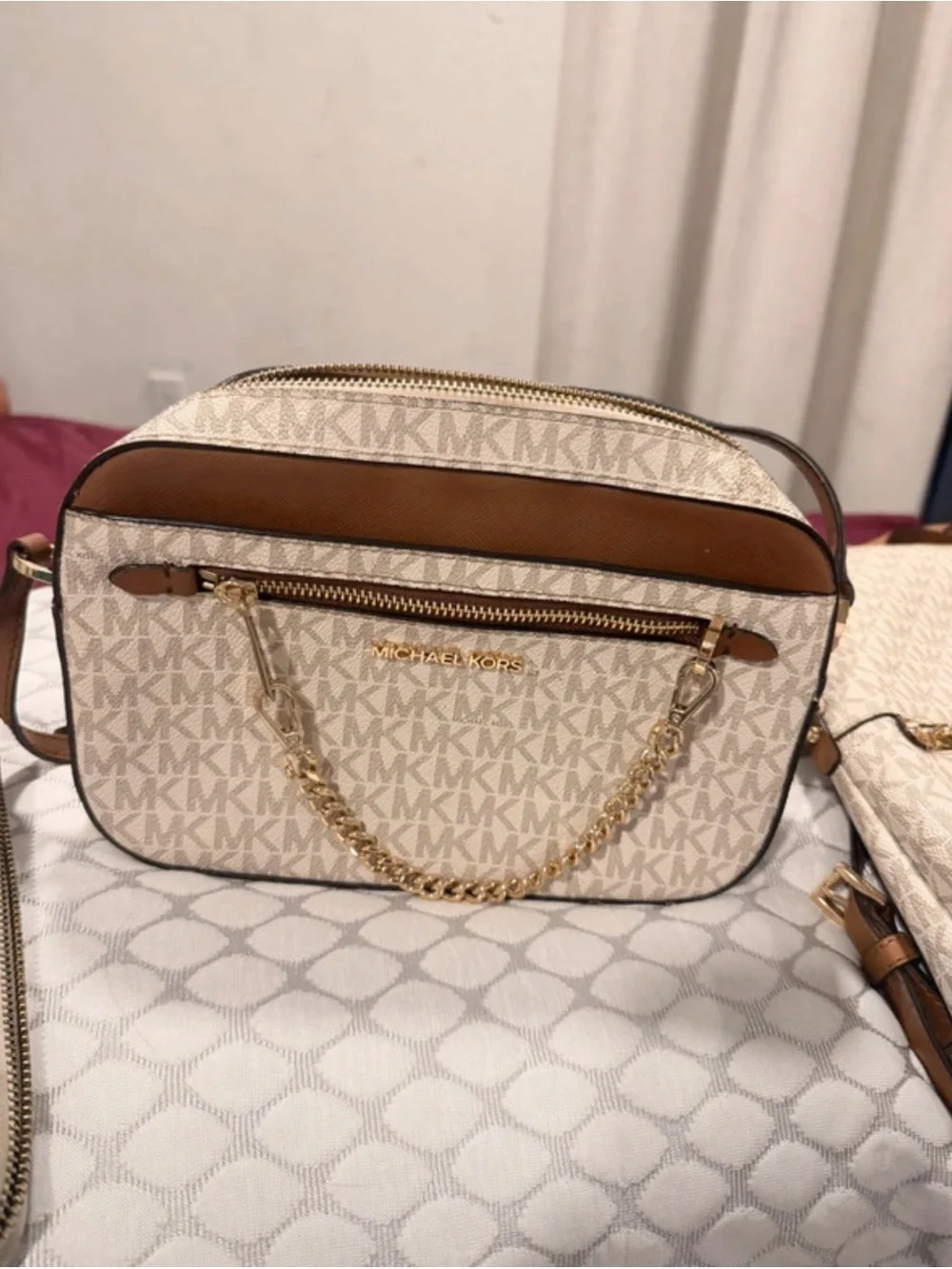Michael Kors Cream and Tan Logo Crossbody Bag Trio with Wallet